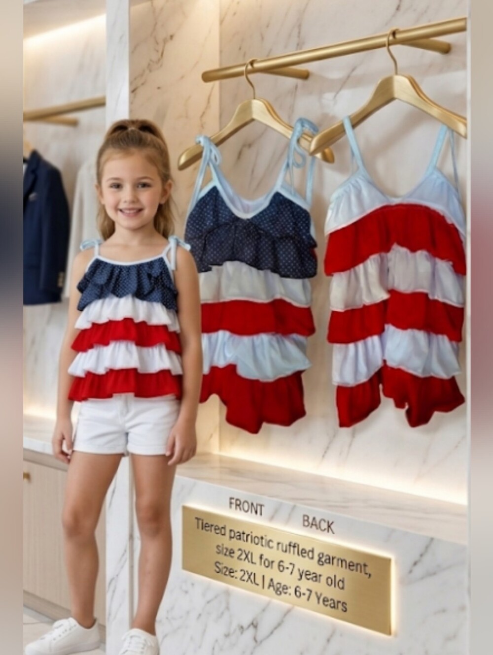 Girls Ruffle Tank Top - Navy Polka Dot, White & Red